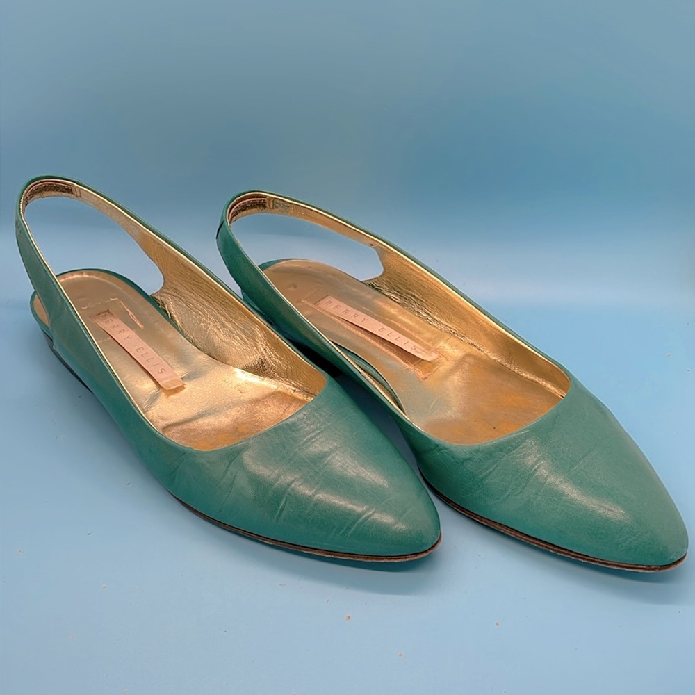 Perry Ellis Natasha Aqua/Teal Kid Leather Slingback Flats - Size 7.5B